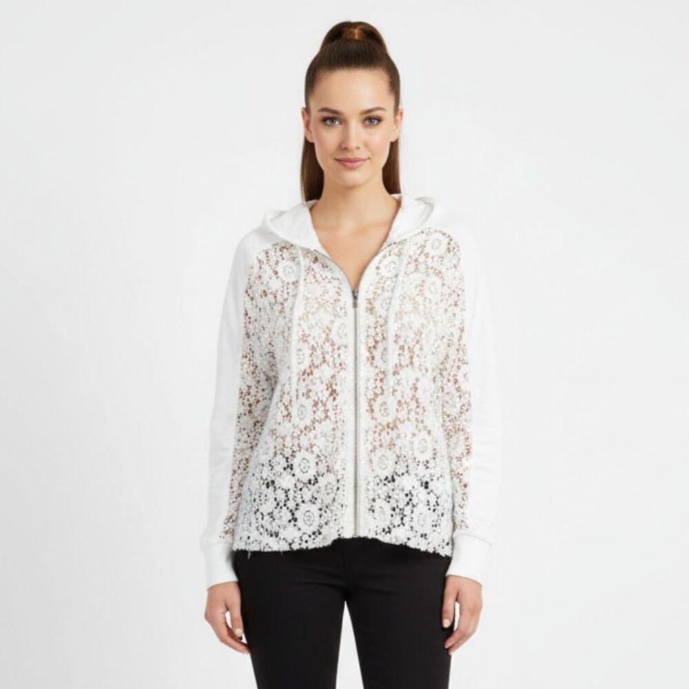 Eze Sur Mer White Crochet Sheer Long Sleeve Hoody Jacket XS